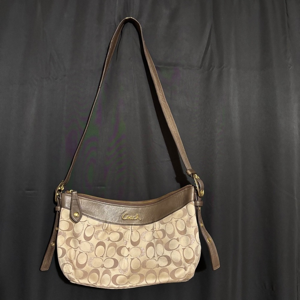 COACH Khaki Ashley Signature Print Hobo Shoulder Bag with Mahogany Accents Strap